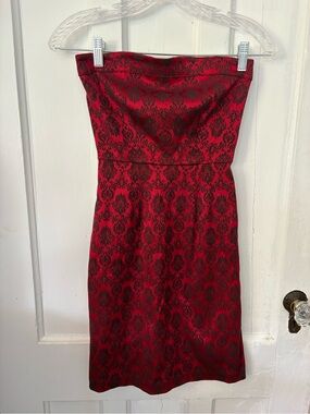 Y2K Formula X Strapless Red and Black Damask Cocktail Sheath Dress Goth